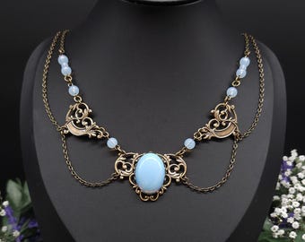 Art Nouveau Collier mit Opalith Cabochon & Perlen - Elfischer Jugendstil Schmuck - Größenverstellbare Halskette