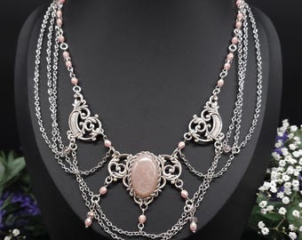 Pfirsich Mondstein Collier - tschechische facettierte Perlen – Art Nouveau Halskette, Größenverstellbarer Jugendstil Schmuck