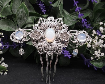 Jugendstil Haarkamm mit Opalith – Silberfarbener Braut Haarschmuck im Elfenstil - Fantasy Hochzeit Accessoire