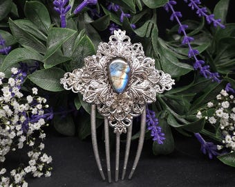 Haarkamm mit Labradorit Cabochon ~ für Brautfrisur, Mittelalter, Fantasy, Hochzeiten ~ Haarspange ~ Einzigartiger Schmuck  ~ Haarnadel ~