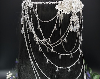 Art Nouveau Kristall Headpiece – Silbernes Ketten Haarteil mit Glasperlen, Rhodium Filigree, Bridal Tiara, Fantasy Elfen Kopfschmuck