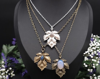 Zarte Blatt Halskette – Varianten: Labradorit und Opalith – Natur & Elfen inspirierter Schmuck, bronzefarben oder silberfarben
