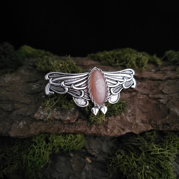 Art Nouveau Haarspange, Schmetterling inspiriertes Haar Accessoire, Pfirsich Mondstein Cabochon