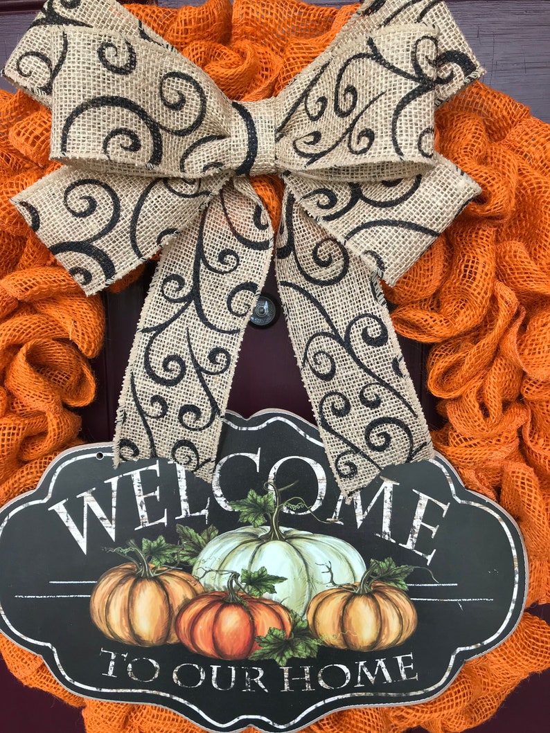 Housewarming Gift Fall Wreath in Orange Burlap for Front Door Autumn Decoration Welcome Home Wreath Thanksgiving Decor