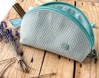 Fabric Cosmetic Bag, Green Woven Cotton Make Up Toiletry Storage Bag, Bridesmaid Gift, Zipper Makeup Pouch, Cosmetic Organizer, Pencil Case