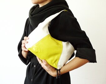 Small White Yellow Leather Shoulder Purse, Soft Genuine Leather Yellow Pouch, Handmade Woman Bag Top Handle Zipper, Romantic Minimal Clutch