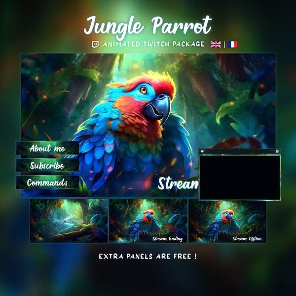 Jungle Parrot | Twitch Animated Package | Scenes for Streamers, Jungle Overlays