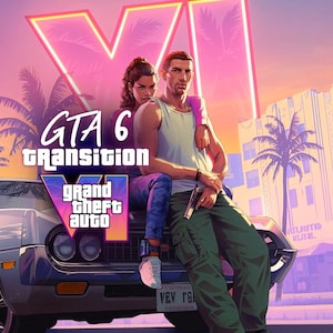 Peut inclure: Une illustration numérique montrant un homme et une femme assis sur le capot d'une voiture argentée. L'arrière-plan présente des palmiers et un bâtiment sous un ciel au coucher du soleil. Le texte indique GTA 6 TRANSITION et GRAND THEFT AUTO VI.