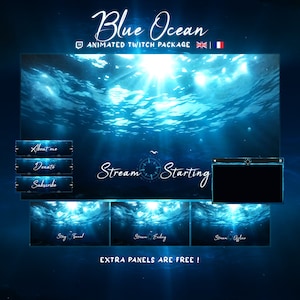 Puede incluir: Paquete Twitch animado con un tema de océano azul. El paquete incluye una pantalla de inicio, una pantalla de finalización, una pantalla fuera de línea y botones para sobre mí, donar y suscribirse. El texto "Stream Starting" se muestra en la pantalla de inicio.