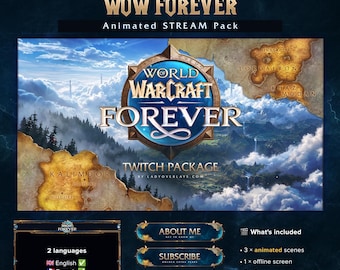 May include: An animated stream pack titled WOW FOREVER featuring a World of Warcraft theme. The graphic includes maps of Kalimdor, Lordaeron, and Khaz Modan, with buttons for About Me, Subscribe, and Socials, plus 3 animated scenes, 1 offline screen, 3 facecam overlays, and 17 panels.