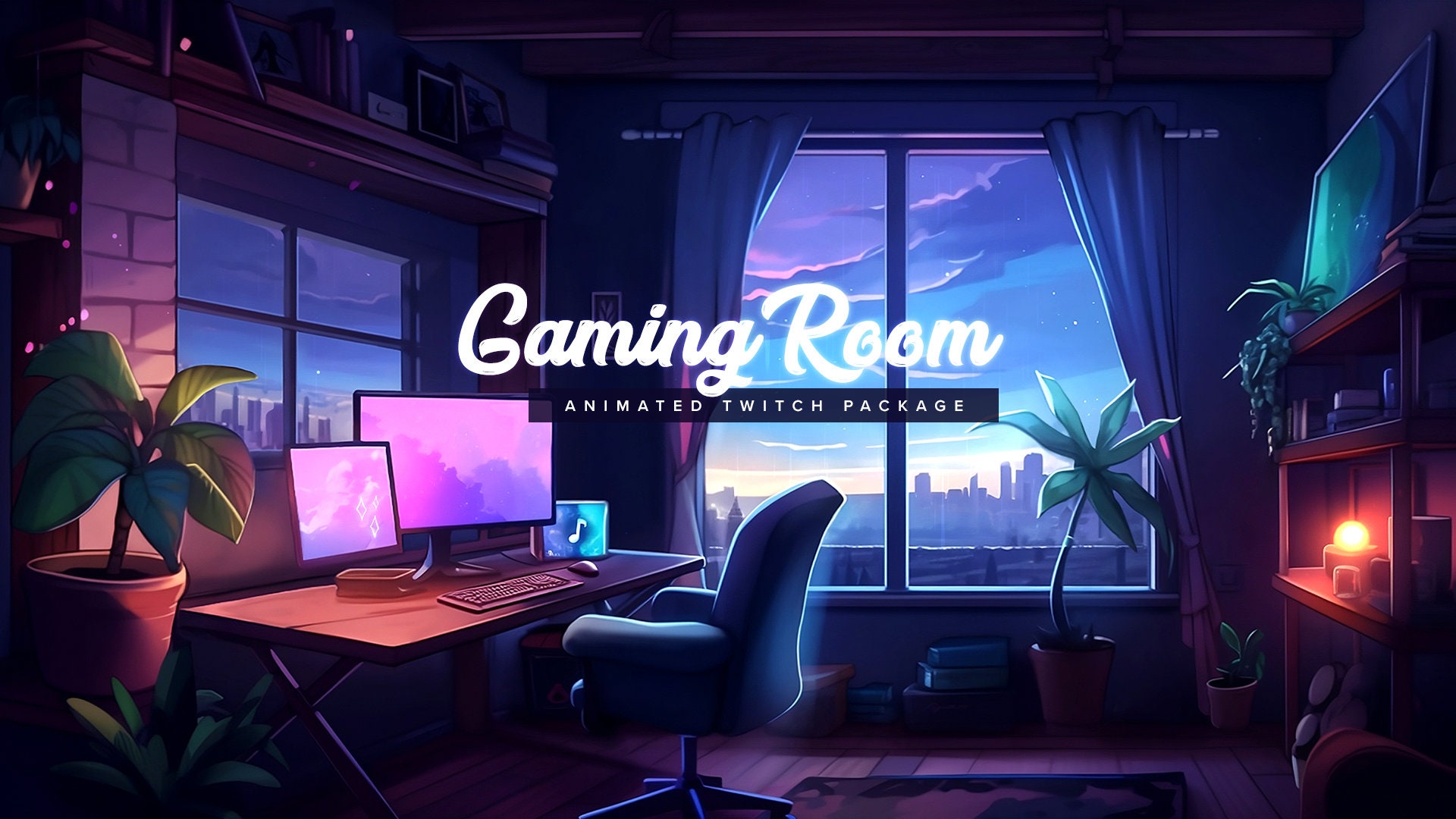 Modern Video Game Streamer Room - colorful blue and pink neon