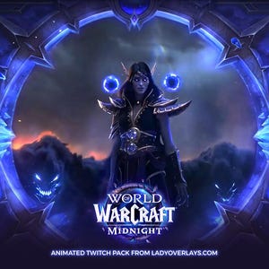 以下が含まれることがあります： 「World of Warcraft: Midnight」を宣伝するデジタルアートワーク。暗い鎧を着た女性キャラクターが、様式化された翼と悪魔の顔を持つ輝く青いアーチに囲まれています。ゲームのタイトルが大きく表示されています。