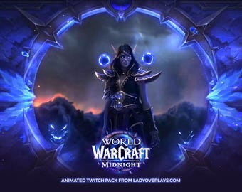 May include: A digital artwork promoting "World of Warcraft: Midnight." The image features a female character in dark armor, framed by a glowing blue archway with stylized wings and demonic faces. The game's title is prominently displayed.