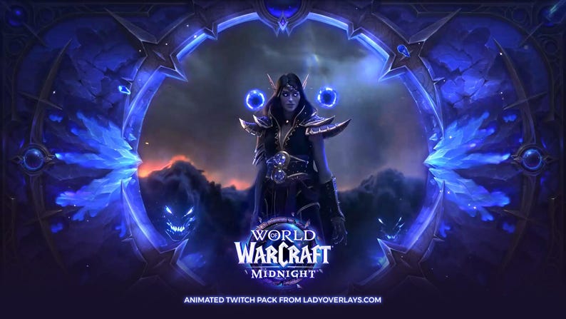 May include: A digital artwork promoting "World of Warcraft: Midnight." The image features a female character in dark armor, framed by a glowing blue archway with stylized wings and demonic faces. The game's title is prominently displayed.