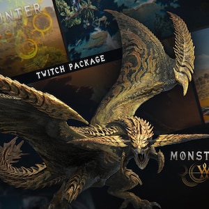 May include: A golden dragon with intricate patterns on its wings and body. The dragon is in a fierce pose with its mouth open and teeth bared. The background features the text "Monster Hunter Wilds" and "Twitch Package".