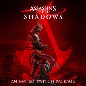 May include: Animated Twitch package for Assassin's Creed: Shadows, featuring a red background with a stylised 'A' logo and two figures in samurai armour.