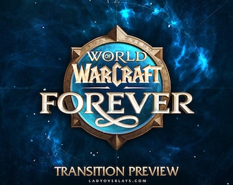 May include: A digital graphic featuring the text World of Warcraft Forever centered within a circular bronze-colored emblem with ornate borders, set against a dark blue background with swirling light effects and the text Transition Preview below.