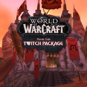 Puede incluir: Imagen promocional del paquete Twitch de World of Warcraft, lado Horda. La imagen muestra una fortaleza con banderas rojas y el logotipo del juego. El fondo es un cielo naranja fuego.