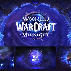 May include: A digital graphic for World of Warcraft: Midnight, featuring a dark blue and purple cosmic background. The game's logo is centered, with additional panels below displaying stream status messages like "Stream Starting" and "Stream Ending."