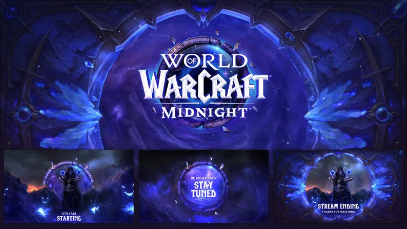 May include: A digital graphic for World of Warcraft: Midnight, featuring a dark blue and purple cosmic background. The game's logo is centered, with additional panels below displaying stream status messages like "Stream Starting" and "Stream Ending."