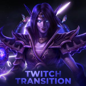 Peut inclure: Illustration numérique d'un personnage féminin aux cheveux violets et aux yeux bleus brillants, portant une armure ornée. L'image a un fond sombre et cosmique avec le texte "TWITCH TRANSITION" en bas.