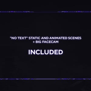 May include: Dark background with a glowing blue frame. The text "NO TEXT" STATIC AND ANIMATED SCENES + BIG FACECAM is displayed above the word "INCLUDED" in white, centered within the frame. The frame has a digital, futuristic design.
