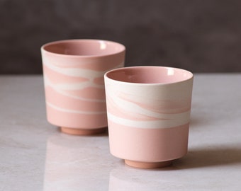 2 Pink Coffee and Tea Cups, Premium Quality Ceramic Mugs in Vibrant Bubblegum Pink & White Swirls, Set of 2