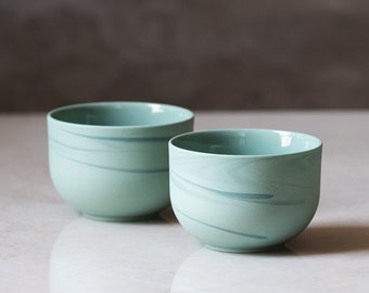 2 Festive Flat White Cups, Mint Green Latte Art Mugs, Handmade Bowl Shaped Ceramic Cappuccino Cups, Set of Two