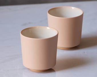 2 Fine Ceramic Cups, Unique Filter Coffee Cups, Tea Mugs in Light Orange with Yellow Interior, Set of 2