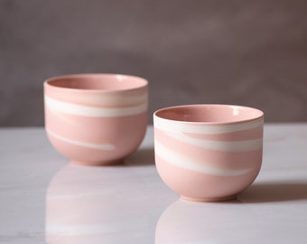 2 Vibrant Latte Art Cups, Premium Handmade Ceramic Coffee and Tea Mugs in Pastel Pink and White.