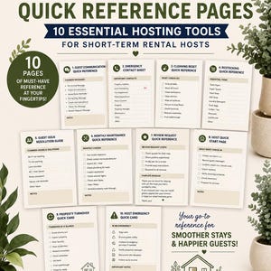 Op de afbeelding: Een set van tien printbare Airbnb-host referentiepagina's met checklists voor gastcommunicatie, noodcontacten, schoonmaak, voorraadbeheer, onderhoud en beoordelingsverzoeken, georganiseerd met duidelijke koppen en selectievakjes.