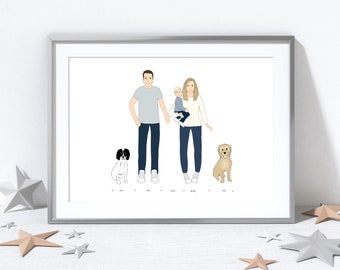 Personalised Line-Up Print / Family portrait / Family Illustration / Wedding Gift / Bespoke made to order