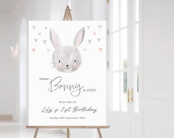 Digital Bunny Birthday Welcome Sign | 1st birthday | Girl | Pinks | PDF | Jpeg
