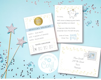 Editable Tooth Fairy Letter, Tooth Fairy Printable Receipt, First Tooth Certificate- Blue