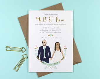 Couple Custom Portrait Wedding Invitation / illustrated portrait/ unique wedding invite