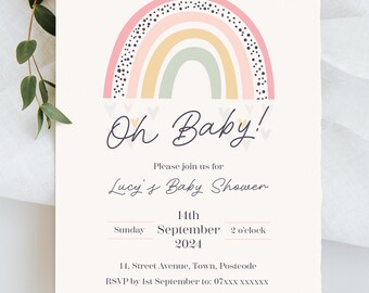 Digital Boho Rainbow BABY SHOWER Invite, Oh Baby! | Pink | Grey | Green Baby Girl