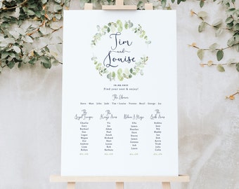 Eucalyptus & Greenery Wreath Seating Plan A1 Board- Printed