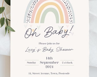 Digital Boho Rainbow Baby Shower Invite, Oh Baby! Neutrals | Unisex | Pinks| Green| Blue | Grey