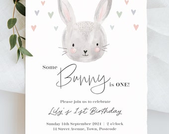 Digital Bunny 1st Invite | Neutrals| Pink | Green | Blue | Grey | Birthday Girl