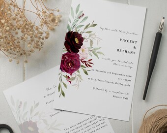 Wedding Invitation | Autumn Floral  | Burgundy Pink | 5x7 invitation with envelope