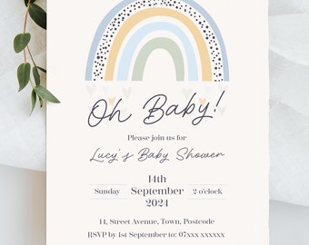 Digital Boho Rainbow Baby Shower Invite, Oh Baby! | Blue | Grey | Green