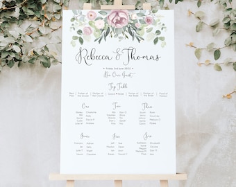 Mauve, Dusty Pink & Greenery Seating Plan A1 Board- Printed