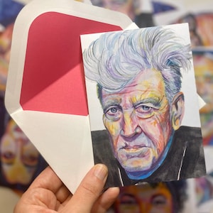 Cartão de felicitações em branco com retrato em aquarela de David Lynch