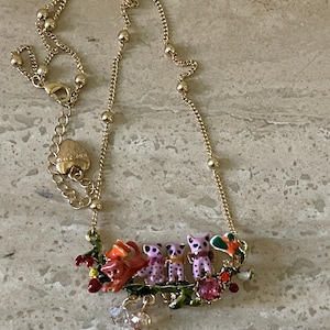 New Betsey Johnson Rhinestone Kittens On Branch Necklace NOS