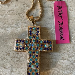 Betsey Johnson Blue Crystals Cross Necklace NOS