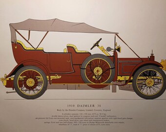 1910 Daimler Auto Lithograph Engraving - Vintage Car - Antique Automobile Print - Chromolithograph Decorative Print - Luxury Car Print - 510