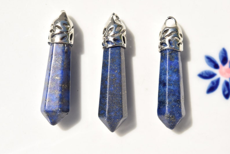 lasurite point pendant lapis crystal blue healing crystal SC488 Lazurite crystal pendant blue point crystal pendant silver bail