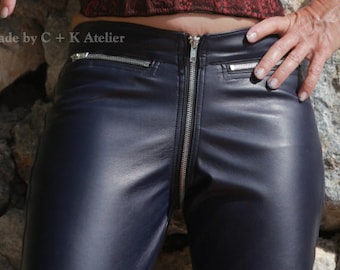 C + K Imitation leather or PVC trousers, witch crotch zipper, 2 pockets, lots of decoration seams,very shiny and stretchy, handmade, new