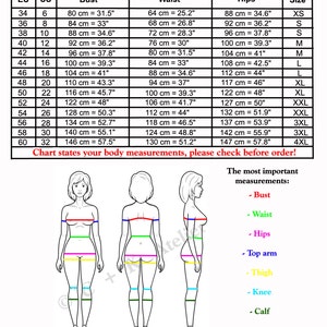 May include: A size chart for clothing with measurements in inches and centimetres. The chart includes EU and UK sizes, bust, waist, hips, and size. The chart also includes a diagram of a person with lines indicating where to measure for bust, waist, hips, top arm, thigh, knee, calf, and ankle.