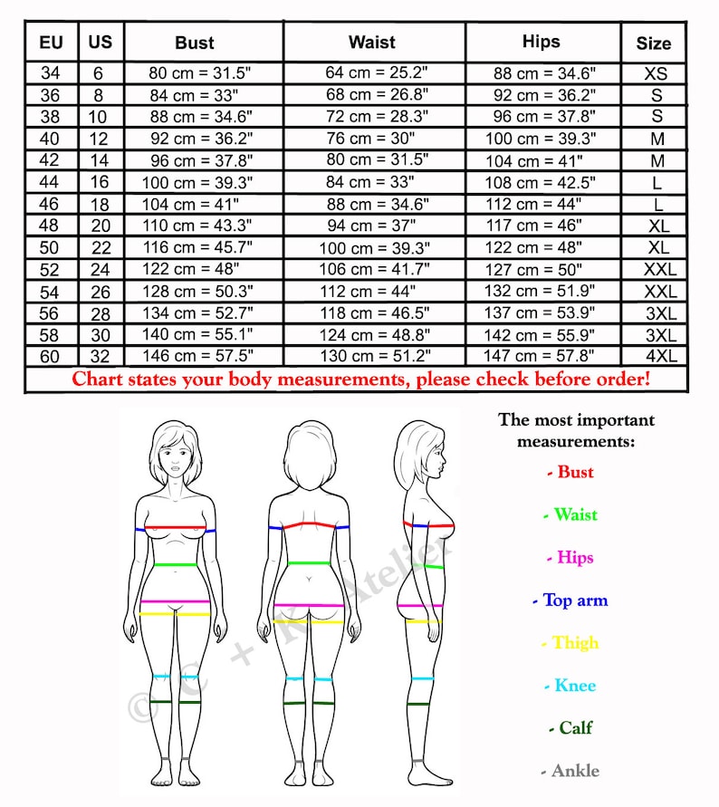 May include: A size chart for clothing with measurements in inches and centimetres. The chart includes EU and UK sizes, bust, waist, hips, and size. The chart also includes a diagram of a person with lines indicating where to measure for bust, waist, hips, top arm, thigh, knee, calf, and ankle.